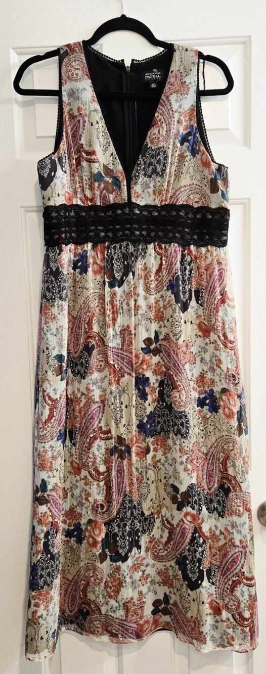 Adrianna Papell 14P Silk Chiffon Maxi Dress Paisley Floral Boho Lace Trim V Neck